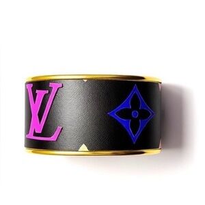 Authentic Louis Vuitton Monogram Leather on a Gold Cuff  Costume Jewelry